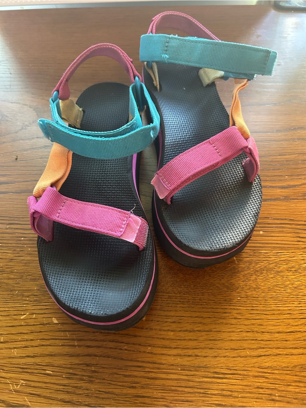 TEVA Platform Adjustable Strap Sandals - Pink, Teal & Orange